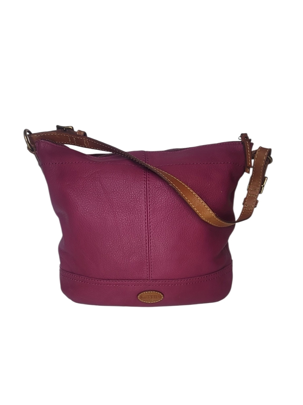 Fossil Magenta Pebble Leather Crossbody Bag with Tan Strap